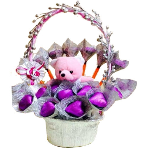 Blissful Teddy with Chocolates in a Basket