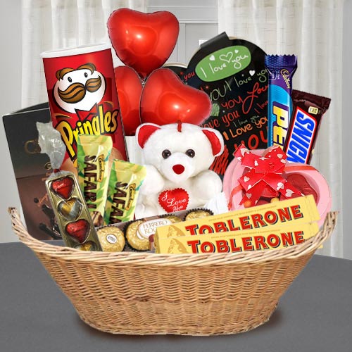 Delicious Chocolate Gift Basket with Teddy N Balloons