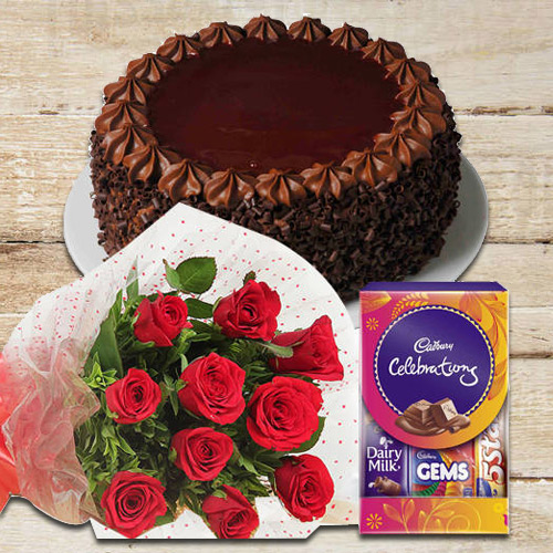 Red Rose with Chocolate Cake and Cadbury Celebrations Pack