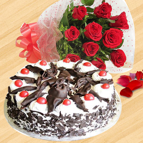 Combo of Black Forest Cake with Red Roses Bouquet