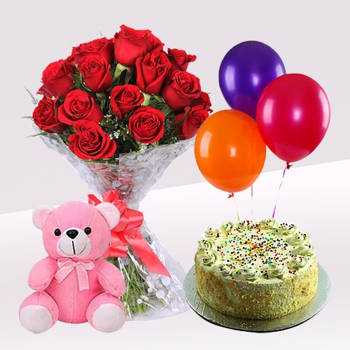 Vanilla Cake with Rose Bouquet Teddy   Balloons