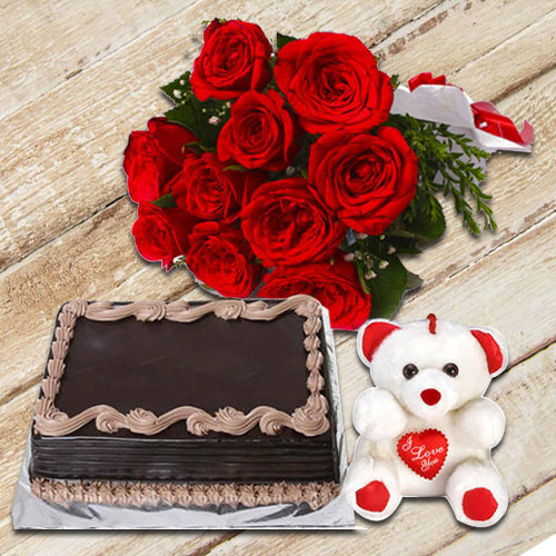 Chocolate Cake with Red Rose Bouquet N Teddy