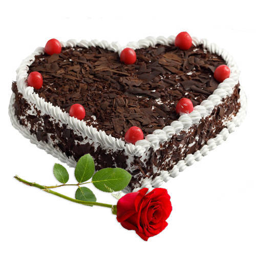 Red Rose with Heart Shape Black Forest Cake