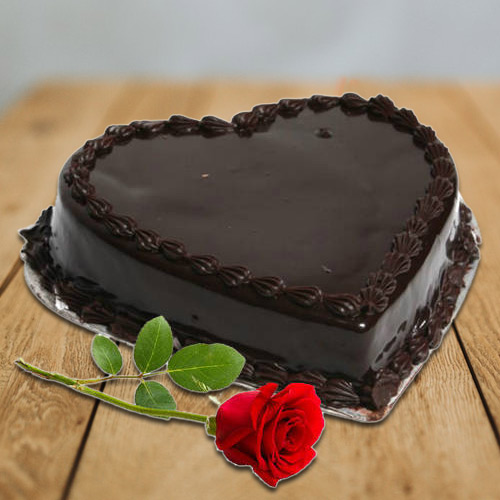 Heart Shaped Chocolate Cake with Red Rose