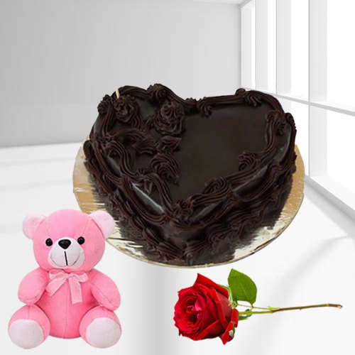 Combo of Heart Shaped Chocolate Cake with Teddy N Rose