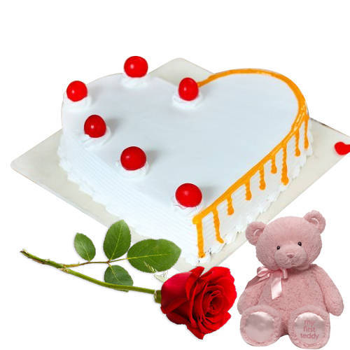 Delightful Heart Shaped  Vanilla Cake with Rose N Teddy