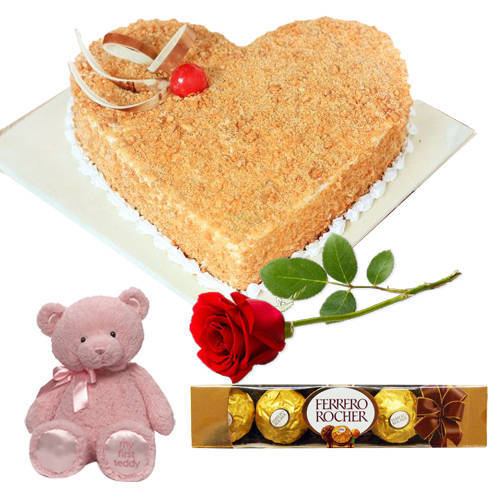 Butter Scotch Cake with Red Rose Teddy N Ferrero Rocher