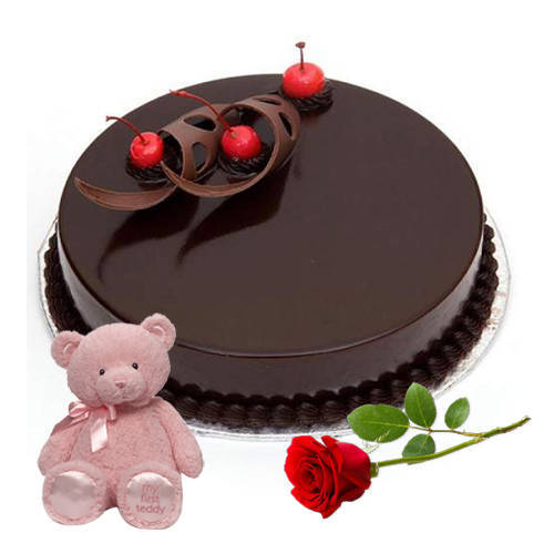 Ravishing Red Rose with Teddy N Eggless Chocolate Cake