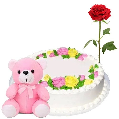 Tasty Eggless Vanilla Cake with Rose N Teddy