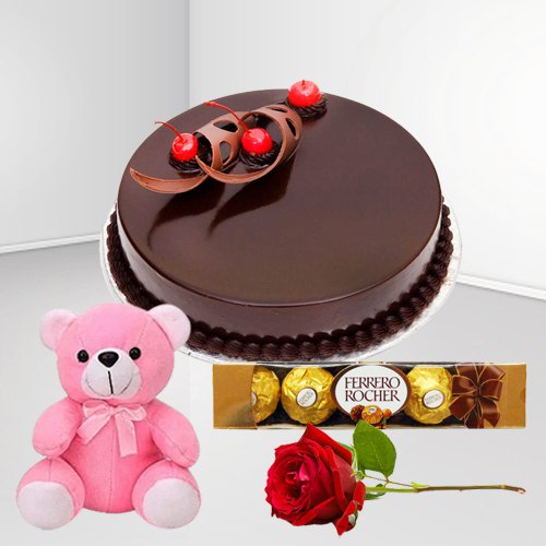 Yummy Eggless Chocolate Cake with Rose Teddy N Ferrero Rocher