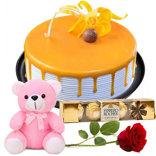 Delectable Eggless Butterscotch Cake with Rose Teddy N Ferrero Rocher