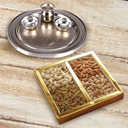 Enticing Assorted Dry Fruits Pack with Silver Plated Puja Thali