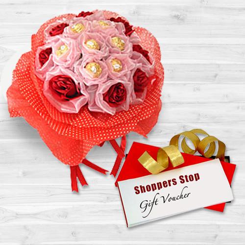 Mind Blowing Combo of Shoppers Stop Gift Voucher worth Rs.1000, Red Roses N 8 Pc. Ferrero Rocher Bouquet