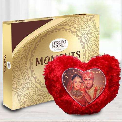Personalized Heart Shape Cushion N Ferrero Rocher Chocolates for Karwa Chauth