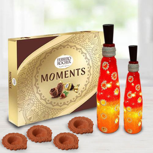 Exclusive Diwali Gift of Ferrero Rocher Chocolates n Twin Bottle Art Lamp n Diya