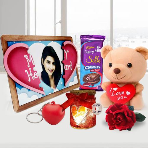 Fascinating V-day Gift of Photo Magnetic Heart with Handmade Chocolates n Candles