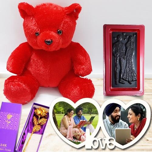 Glamorous V-day Gift of Twin Heart Personalized Photo Frame with Chocolates, Teddy n Roses