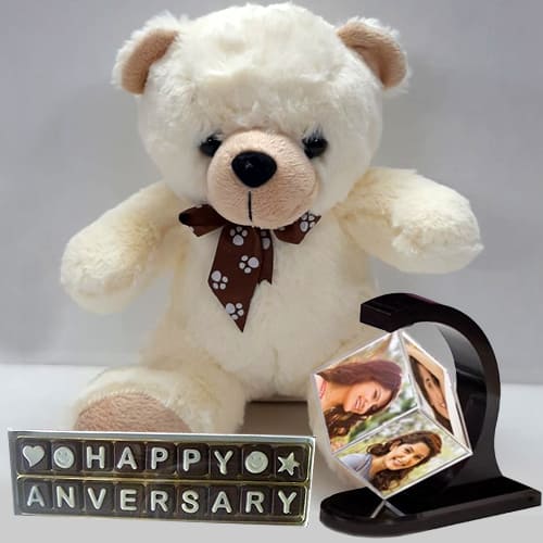Admirable Personalized Photo Revolving Stand with Love Teddy N Handmade Chocolate