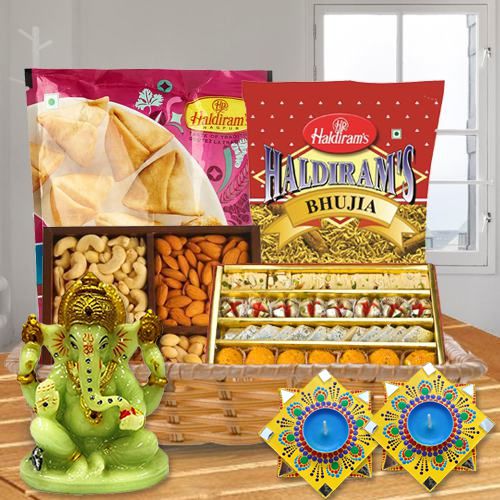Delicious Diwali Sweet n Snacks Gift Basket with Handmade Dot Mandala Art Diya