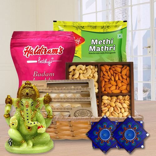 Enjoy Haldiram Sweets n Snacks Dry Fruits Ganesh Idol Dot Mandala Art Diya Set on Diwali