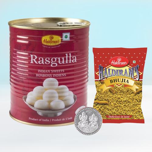 Tasty Haldiram Rasogula n Bhujiya with Ganesh Laxmi Coin