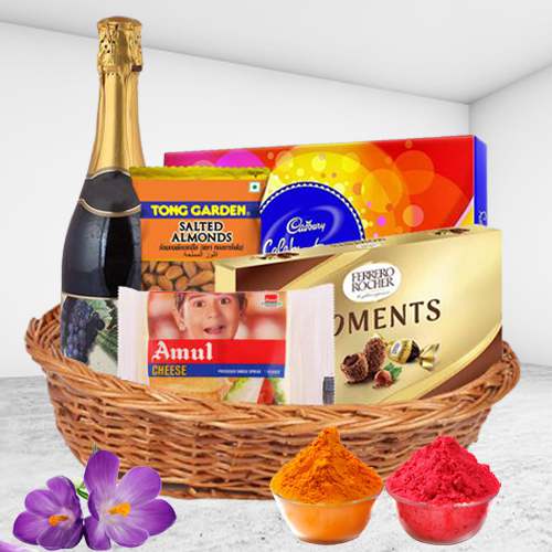 Indulgent Holi Basket of Mixed Chocolates N Fruit Wine with Snacks N Gulal