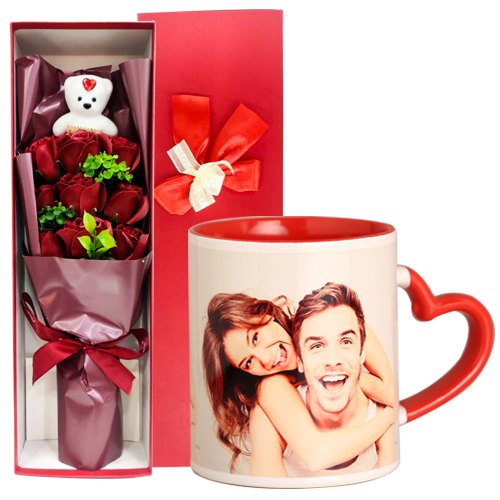 Fabulous Artificial Roses with Teddy Bouquet N Personalized Coffee Mug
