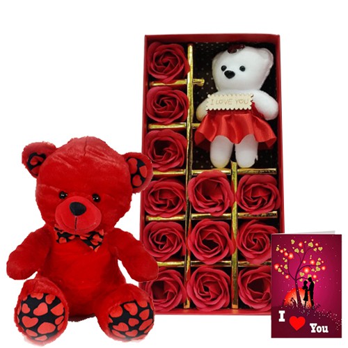Amazing Combo of Red Teddy with Artificial Roses Teddy N Love You Card