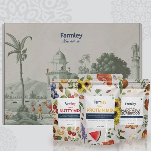 Tasteful Tripling of Farmley Nutty Mix with Protein Mix N Panchmewa Superfood