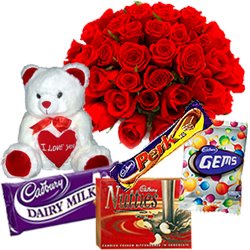 Exquisite Teddy with Assorted Cadbury Chocolate N Roses Bouquet