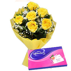 Yellow Roses Bouquet with Cadbury Celebrations Pack