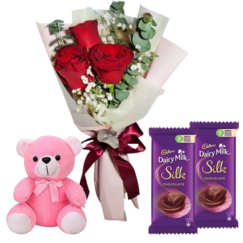 Teddy with Chocolates N Red Roses