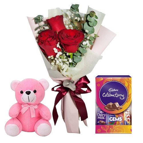 Red Roses Bunch with Teddy N Chocolates Pack