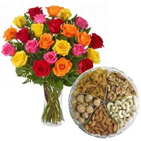Yummy Assorted Dry Fruits with Bouquet of Mixed Colour Roses