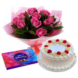 Delicious Cadbury Celebrations with Cake and Pink Rose Bouquet