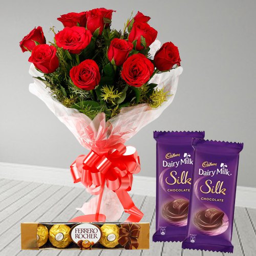 Delicious Ferrero Rocher Dairy Milk Silk with Rose Bouquet
