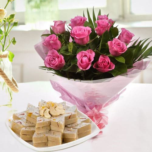 Marvelous Pink Roses Bouquet with Kaju Katli