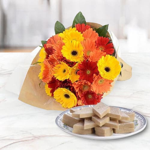 Delicious Kaju Katli and Arrangement of Mixed Gerberas