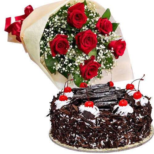 Delicious Black Forest Cake with Red Rose Bouquet