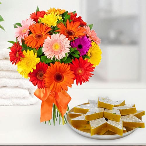 Yummy Kaju Katli and Arrangement of Mixed Gerberas