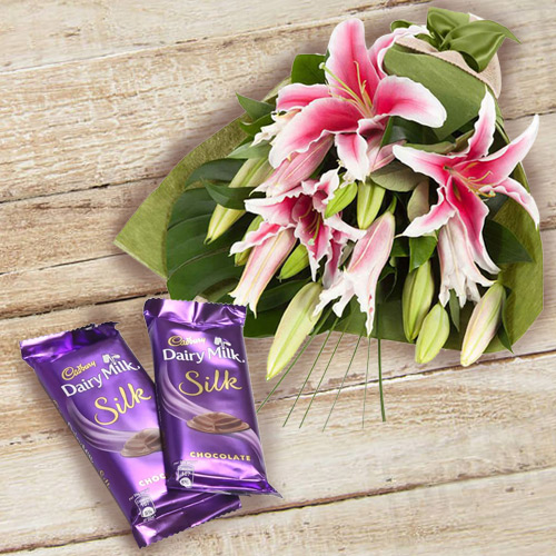 Delicious Dairy Milk Silk with Bouquet of Pink Lilies