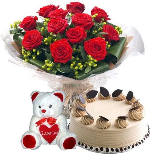 Amazing Combo of Red Roses Bouquet with Coffee Cake N Teddy