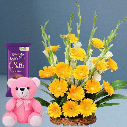 Radiant Yellow Gerberas Arrangement with Teddy N Cadbury Silk