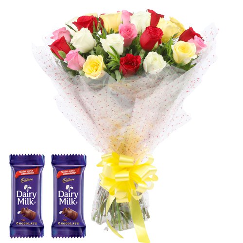 Delicious Dairy Milk Crackle with Bouquet of Colorful Roses