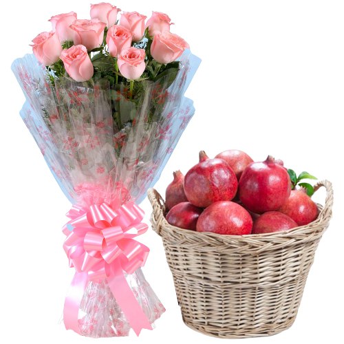 Lovely Pink Roses Bouquet with Pomegranates in Basket