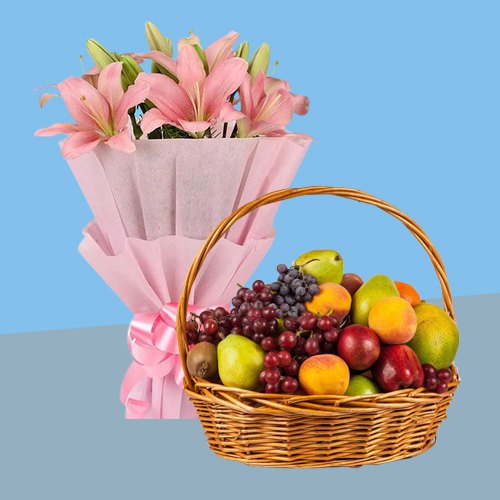 Charming Lilies Bouquet with Fresh Fruits Baskets