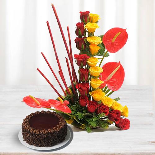 Alluring Arrangement of Roses n Anthurium with Chocolate Cake