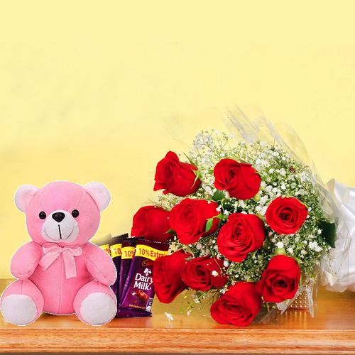 Exclusive Red Roses Bouquet with Love Teddy n Cadbury Dairy Milk