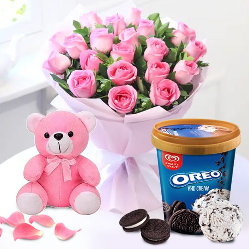 Mesmerizing Pink Roses with Kwality Walls Oreo Ice Cream n Love Teddy