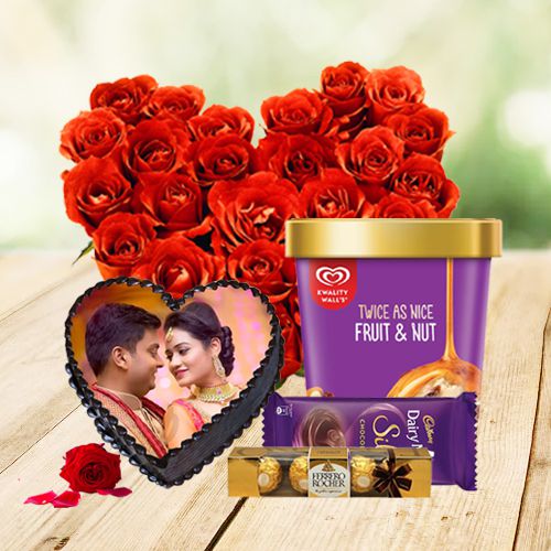 Heart-felt Red Roses n Kwality Walls Twin Flavor Ice Cream with Photo Cake n Chocolates